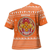 Bhutan Christmas Cross Shoulder Shirt with Takin Santa Hat Christmas Tree and Snowflake Pattern in Orange - Wonder Print Shop