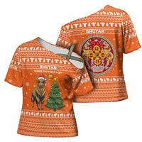 Bhutan Christmas Cross Shoulder Shirt with Takin Santa Hat Christmas Tree and Snowflake Pattern in Orange - Wonder Print Shop