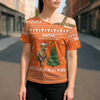 Bhutan Christmas Cross Shoulder Shirt with Takin Santa Hat Christmas Tree and Snowflake Pattern in Orange - Wonder Print Shop