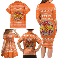 Bhutan Christmas Family Matching Long Sleeve Bodycon Dress and Hawaiian Shirt with Takin Santa Hat Christmas Tree and Snowflake Pattern in Orange - Wonder Print Shop