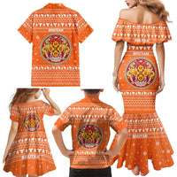 Bhutan Christmas Family Matching Mermaid Dress and Hawaiian Shirt with Takin Santa Hat Christmas Tree and Snowflake Pattern in Orange - Wonder Print Shop