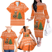 Bhutan Christmas Family Matching Off The Shoulder Long Sleeve Dress and Hawaiian Shirt with Takin Santa Hat Christmas Tree and Snowflake Pattern in Orange - Wonder Print Shop
