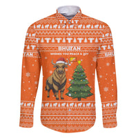 Bhutan Christmas Family Matching Off The Shoulder Long Sleeve Dress and Hawaiian Shirt with Takin Santa Hat Christmas Tree and Snowflake Pattern in Orange - Wonder Print Shop