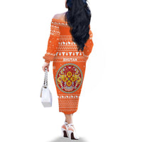 Bhutan Christmas Family Matching Off The Shoulder Long Sleeve Dress and Hawaiian Shirt with Takin Santa Hat Christmas Tree and Snowflake Pattern in Orange - Wonder Print Shop
