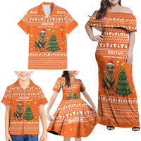 Bhutan Christmas Family Matching Off Shoulder Maxi Dress and Hawaiian Shirt with Takin Santa Hat Christmas Tree and Snowflake Pattern in Orange - Wonder Print Shop