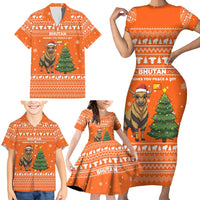 Bhutan Christmas Family Matching Short Sleeve Bodycon Dress and Hawaiian Shirt with Takin Santa Hat Christmas Tree and Snowflake Pattern in Orange - Wonder Print Shop