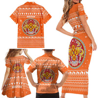 Bhutan Christmas Family Matching Short Sleeve Bodycon Dress and Hawaiian Shirt with Takin Santa Hat Christmas Tree and Snowflake Pattern in Orange - Wonder Print Shop