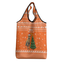 Bhutan Christmas Grocery Bag with Takin Santa Hat Christmas Tree and Snowflake Pattern in Orange - Wonder Print Shop