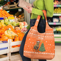 Bhutan Christmas Grocery Bag with Takin Santa Hat Christmas Tree and Snowflake Pattern in Orange - Wonder Print Shop