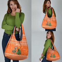Bhutan Christmas Grocery Bag with Takin Santa Hat Christmas Tree and Snowflake Pattern in Orange - Wonder Print Shop