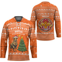 Bhutan Christmas Hockey Jersey with Takin Santa Hat Christmas Tree and Snowflake Pattern in Orange - Wonder Print Shop