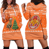 Bhutan Christmas Hoodie Dress with Takin Santa Hat Christmas Tree and Snowflake Pattern in Orange - Wonder Print Shop