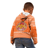 Bhutan Christmas Kid Hoodie with Takin Santa Hat Christmas Tree and Snowflake Pattern in Orange - Wonder Print Shop
