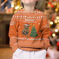 Bhutan Christmas Kid Ugly Christmas Sweater with Takin Santa Hat Christmas Tree and Snowflake Pattern in Orange - Wonder Print Shop