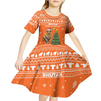 Bhutan Christmas Kid Short Sleeve Dress with Takin Santa Hat Christmas Tree and Snowflake Pattern in Orange - Wonder Print Shop
