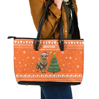 Bhutan Christmas Leather Tote Bag with Takin Santa Hat Christmas Tree and Snowflake Pattern in Orange - Wonder Print Shop