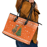 Bhutan Christmas Leather Tote Bag with Takin Santa Hat Christmas Tree and Snowflake Pattern in Orange - Wonder Print Shop