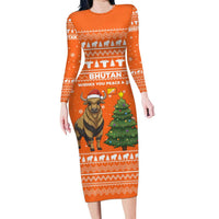 Bhutan Christmas Long Sleeve Bodycon Dress with Takin Santa Hat Christmas Tree and Snowflake Pattern in Orange - Wonder Print Shop