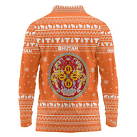 Bhutan Christmas Long Sleeve Polo Shirt with Takin Santa Hat Christmas Tree and Snowflake Pattern in Orange - Wonder Print Shop