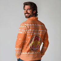 Bhutan Christmas Long Sleeve Polo Shirt with Takin Santa Hat Christmas Tree and Snowflake Pattern in Orange - Wonder Print Shop