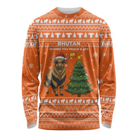 Bhutan Christmas Long Sleeve Shirt with Takin Santa Hat Christmas Tree and Snowflake Pattern in Orange - Wonder Print Shop
