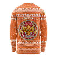 Bhutan Christmas Long Sleeve Shirt with Takin Santa Hat Christmas Tree and Snowflake Pattern in Orange - Wonder Print Shop