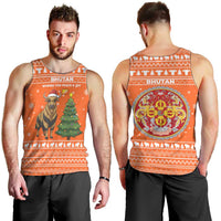 Bhutan Christmas Men Tank Top with Takin Santa Hat Christmas Tree and Snowflake Pattern in Orange - Wonder Print Shop