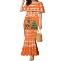 Bhutan Christmas Mermaid Dress with Takin Santa Hat Christmas Tree and Snowflake Pattern in Orange - Wonder Print Shop