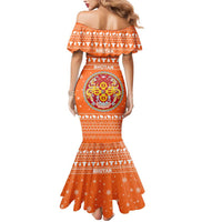 Bhutan Christmas Mermaid Dress with Takin Santa Hat Christmas Tree and Snowflake Pattern in Orange - Wonder Print Shop