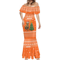 Bhutan Christmas Mermaid Dress with Takin Santa Hat Christmas Tree and Snowflake Pattern in Orange - Wonder Print Shop