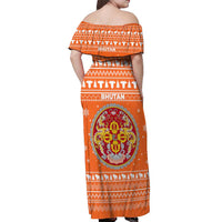 Bhutan Christmas Off Shoulder Maxi Dress with Takin Santa Hat Christmas Tree and Snowflake Pattern in Orange - Wonder Print Shop