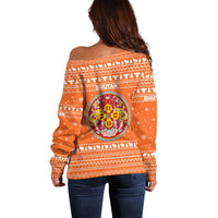 Bhutan Christmas Off Shoulder Sweater with Takin Santa Hat Christmas Tree and Snowflake Pattern in Orange - Wonder Print Shop