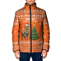 Bhutan Christmas Padded Jacket with Takin Santa Hat Christmas Tree and Snowflake Pattern in Orange - Wonder Print Shop