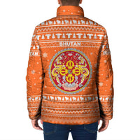 Bhutan Christmas Padded Jacket with Takin Santa Hat Christmas Tree and Snowflake Pattern in Orange - Wonder Print Shop