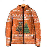 Bhutan Christmas Padded Jacket with Takin Santa Hat Christmas Tree and Snowflake Pattern in Orange - Wonder Print Shop