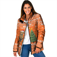 Bhutan Christmas Padded Jacket with Takin Santa Hat Christmas Tree and Snowflake Pattern in Orange - Wonder Print Shop