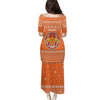 Bhutan Christmas Puletasi with Takin Santa Hat Christmas Tree and Snowflake Pattern in Orange - Wonder Print Shop