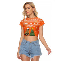 Bhutan Christmas Raglan Cropped T Shirt with Takin Santa Hat Christmas Tree and Snowflake Pattern in Orange - Wonder Print Shop