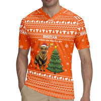 Bhutan Christmas Rugby Jersey with Takin Santa Hat Christmas Tree and Snowflake Pattern in Orange - Wonder Print Shop
