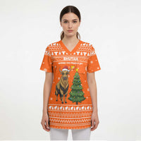 Bhutan Christmas Scrub Top with Takin Santa Hat Christmas Tree and Snowflake Pattern in Orange - Wonder Print Shop