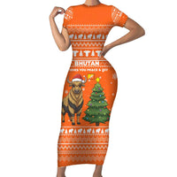 Bhutan Christmas Short Sleeve Bodycon Dress with Takin Santa Hat Christmas Tree and Snowflake Pattern in Orange - Wonder Print Shop