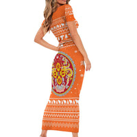 Bhutan Christmas Short Sleeve Bodycon Dress with Takin Santa Hat Christmas Tree and Snowflake Pattern in Orange - Wonder Print Shop