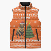 Bhutan Christmas Sleeveless Puffer Jacket with Takin Santa Hat Christmas Tree and Snowflake Pattern in Orange - Wonder Print Shop