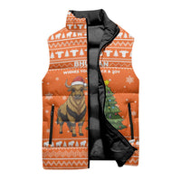 Bhutan Christmas Sleeveless Puffer Jacket with Takin Santa Hat Christmas Tree and Snowflake Pattern in Orange - Wonder Print Shop