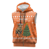 Bhutan Christmas Sleeveless Zip Hoodie with Takin Santa Hat Christmas Tree and Snowflake Pattern in Orange - Wonder Print Shop