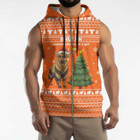 Bhutan Christmas Sleeveless Zip Hoodie with Takin Santa Hat Christmas Tree and Snowflake Pattern in Orange - Wonder Print Shop