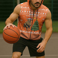 Bhutan Christmas Sleeveless Zip Hoodie with Takin Santa Hat Christmas Tree and Snowflake Pattern in Orange - Wonder Print Shop