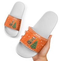 Bhutan Christmas Slide Sandals with Takin Santa Hat Christmas Tree and Snowflake Pattern in Orange - Wonder Print Shop