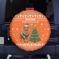 Bhutan Christmas Spare Tire Cover with Takin Santa Hat Christmas Tree and Snowflake Pattern in Orange - Wonder Print Shop