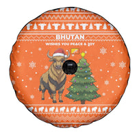 Bhutan Christmas Spare Tire Cover with Takin Santa Hat Christmas Tree and Snowflake Pattern in Orange - Wonder Print Shop